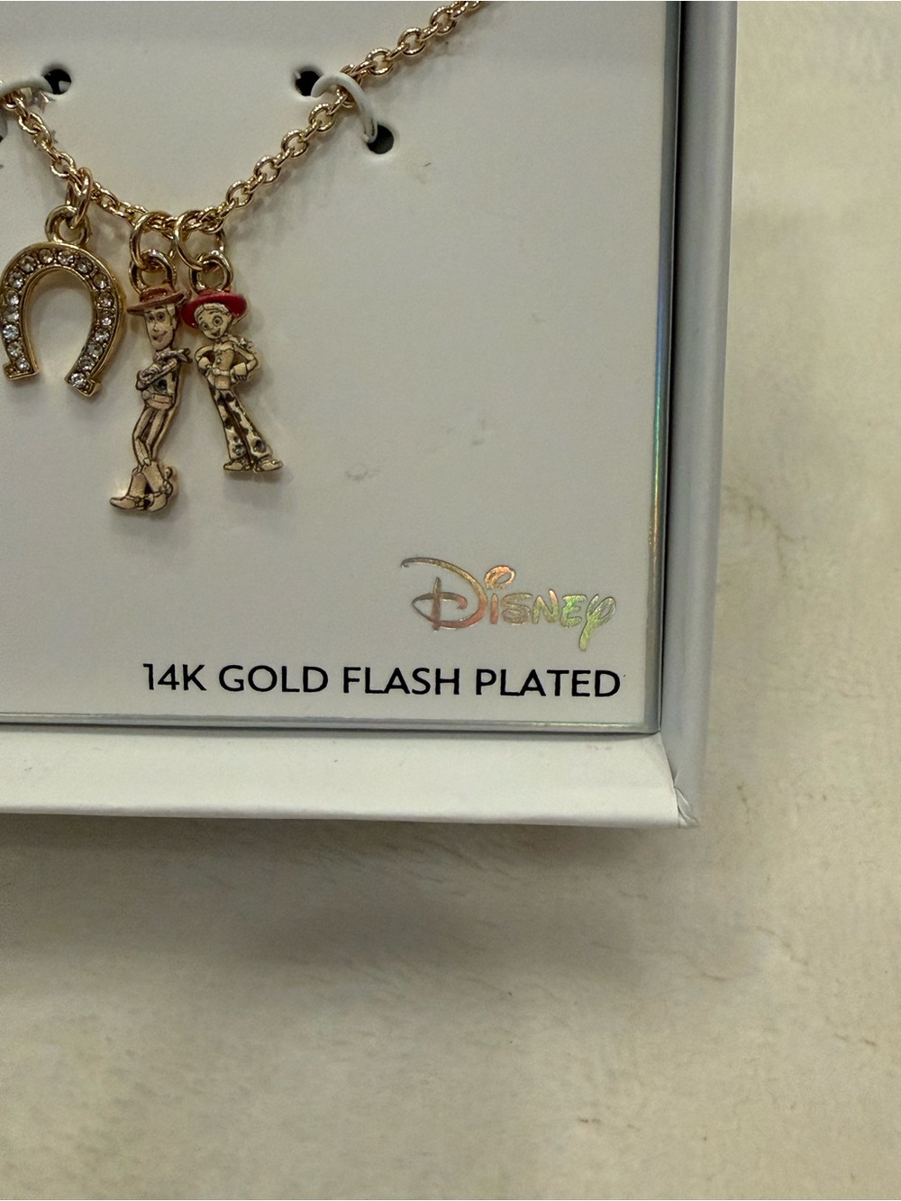 Disney Toy Story Woody, Jessie, Crystal Horseshoe Gold flash plated Necklace New - Picture 4 of 6